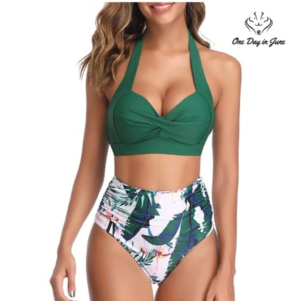 Vintage Retro Halter Ruched High Waist Bikini